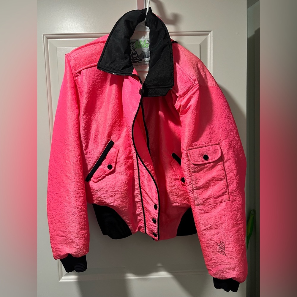 Vintage 90s Nils Goose Down Neon Pink Ski Bomber Jacket Women’s Size 12/L